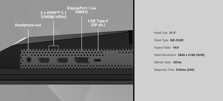 Yüksek çözünürlüklü 32.5 inç 4K UHD QD-OLED oyun monitörü, HDMI ve DisplayPort bağlantıları, USB-C bağlantısı ve yüksek yenileme hızı ile üstün oyun deneyimi sağlar.