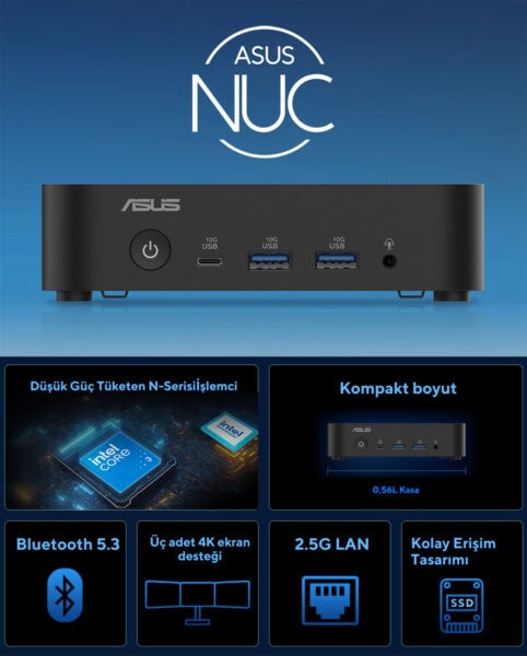 ASUS NUC mini bilgisayar, düşük güç tüketimi ve güçlü performansıyla öne çıkan kompakt ve şık tasarımıyla dikkat çekiyor.