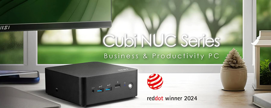 Cubi NUC Serisi masaüstü bilgisayar, iş ve verimlilik için tasarlanmış kompakt ve güçlü PC çözümü, modern ofis ve gaming kullanımına uygun, Red Dot 2024 ödüllü tasarım.