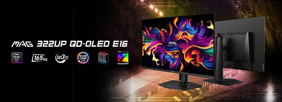 Daha iyi oyun tecrübesi için MAG 322UP QD-OLED E16 monitör, yüksek çözünürlük ve 165Hz yenileme hızıyla profesyonel gamers özellikleri.