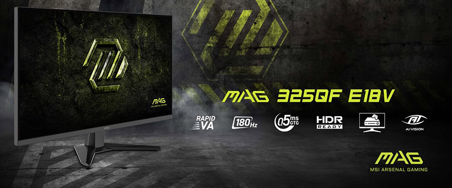 Yüksek performanslı gaming monitörü MAG 3250F E18V, 180Hz yenileme hızı ve HDR uyumluluğu ile üstün oyun deneyimi sağlar, profesyonel e-spor oyuncuları ve oyun tutkunları için ideal.