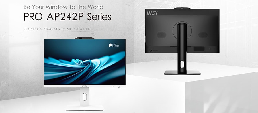 Üretici MSI PRO AP242P seri bilgisayar monitörü ön ve arka görünüm, modern ofis ortamı, yüksek çözünürlüklü ekran ve ergonomik tasarım, çok yönlü kullanım için ideal.