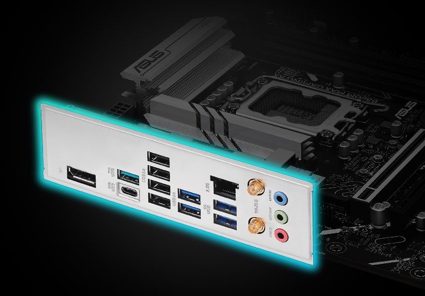 B860M MAX GAMING AX Yonga plakası ve anten ile ASUS B860M Max Gaming AX anakart seti, yüksekPerformanslı oyun ve yoğun işlem gücü için optimize edilmiştir.