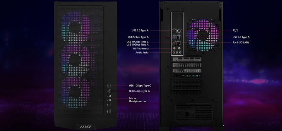 Yüksek performanslı gaming PC kasası ve bağlantı portları detaylı görüntüsü, RGB aydınlatmalı fanlar, USB portları ve soğutma sistemleri ile modern oyun bilgisayarı iç tasarımı.