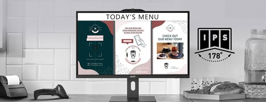 Masaüstü bilgisayar monitörü, dijital menü ve erişim kontrol sistemi, modern ofis ortamında temiz düzen ve teknolojik çözümler, yenilikçi menü ekranı ve güvenlik özellikleri içeren görsel.