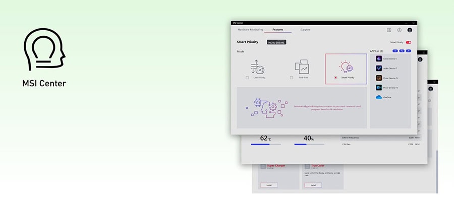 MSI Center software arayüzü, sistem optimizasyonu ve performans yönetimi için kullanılan bilgisayar yönetim uygulaması.