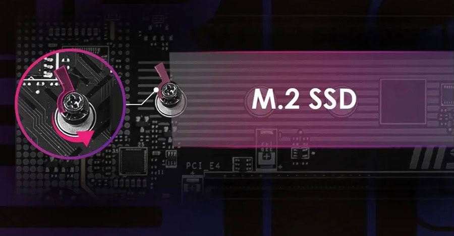 SSD M.2 yerleştirme işlemini gösteren anakart detaylı görüntü. Gaming ve bilgisayar donanımı meraklıları için M.2 SSD montajı ve kullanımı hakkında bilgi içeriyor.