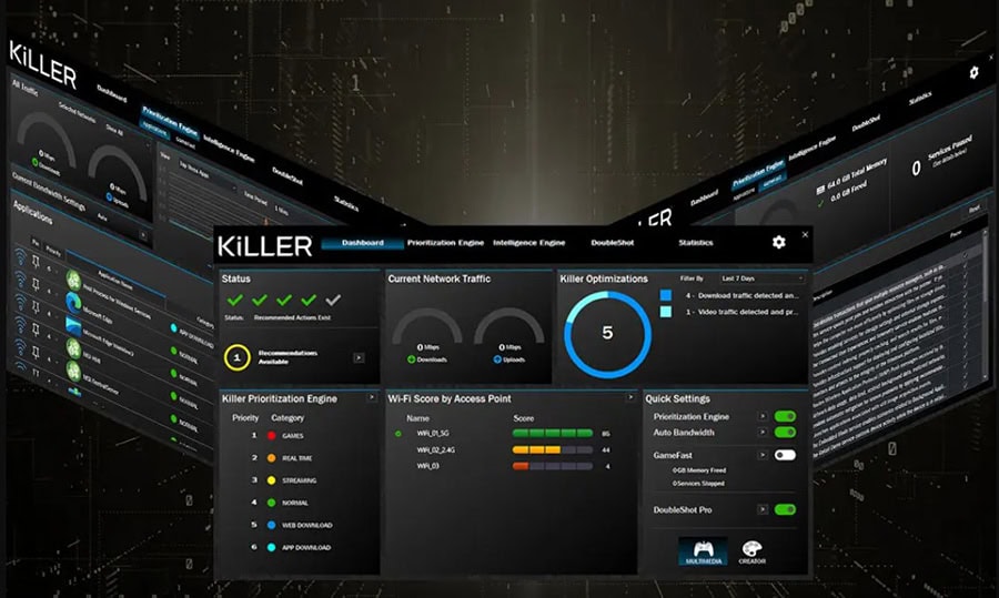 Killer Network Güvenlik ve Optimizasyon Kontrol Paneli, Hızlı ve Güvenilir İnternet Trafik Yönetimi, Oyunlar ve Akış İçin Optimize Edilmiş Ağ Performansı, Oyun ve Video Yayını İçin Tasarlanmış Ağ Ayarları.