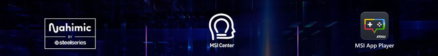 Yüksek kaliteli oyun ve bilgisayar bileşenleri tanıtımı, MSI Merkezi ve SteelSeries Nahimic ses teknolojisi logoları ile modern, yenilikçi görsel; oyun tutkunları ve bilgisayar meraklıları için optimize edilmiştir.