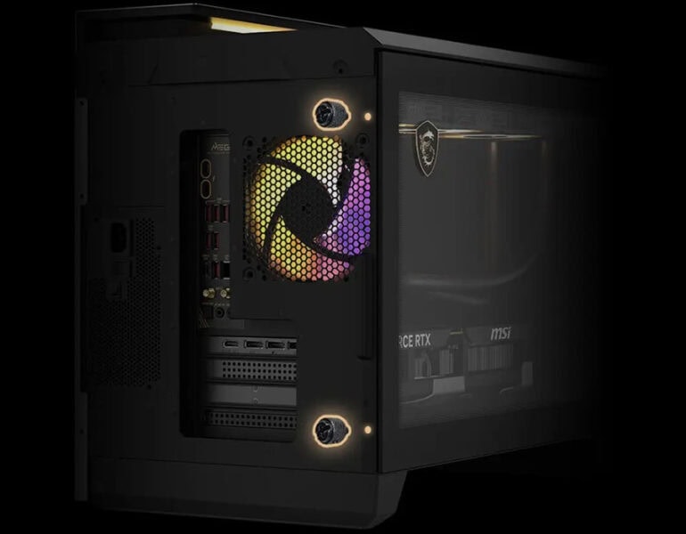 Yüksek performanslı oyun bilgisayarı iç donanımı ve RGB aydınlatmalı fan detayları.