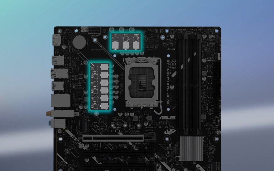 B860M MAX GAMING AX Yonga plakası ve anten ile ASUS B860M Max Gaming AX anakart seti, yüksekPerformanslı oyun ve yoğun işlem gücü için optimize edilmiştir.