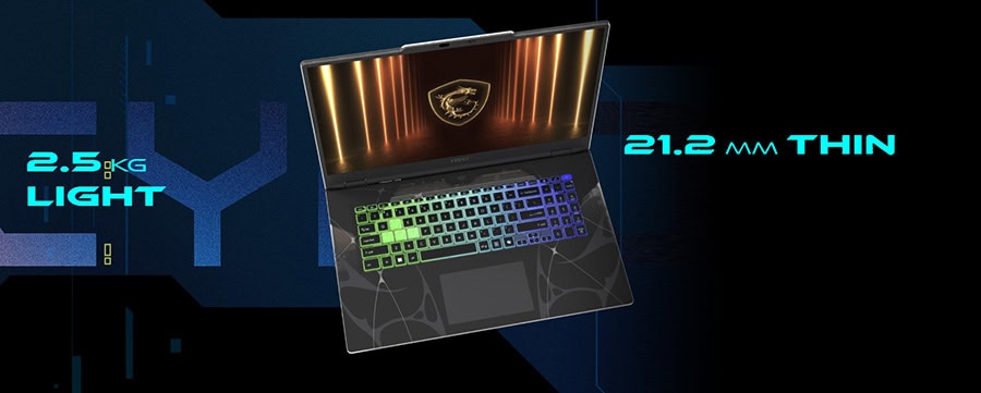 Yüksek performanslı gaming dizüstü bilgisayar, 2.5 kg hafif ve 21.2 mm ince tasarım, RGB gaming klavye ve güçlü ekran özellikleriyle oyun tutkunları için ideal.