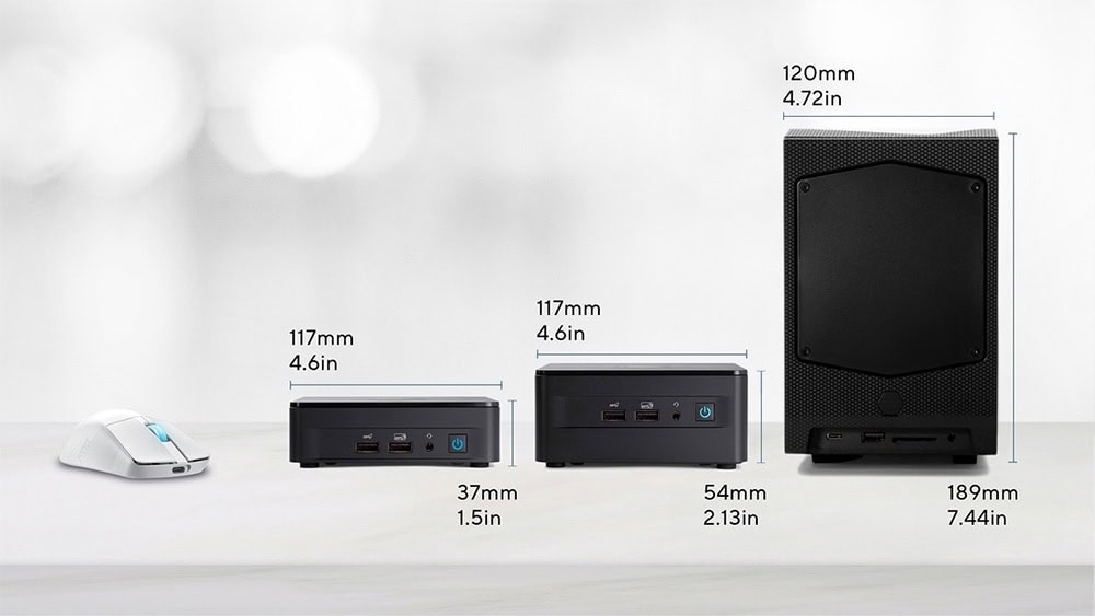 ASUS NUC 12 Pro Yapay zeka ile geliştirilmiş oyun bilgisayarı ve aksesuarları, kompakt ve yüksek performanslı, en iyi oyun deneyimi için tasarlanmış. Boyutları ve teknik detaylarla detaylı yapı gösteriliyor.