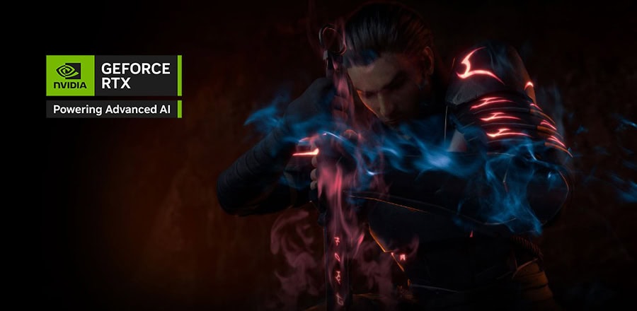 GeForce RTX logosu ve güçlü bir oyuncu performansı simgeleyen kadın gamer, koyu arka plan üzerinde, oyun ve bilgisayar donanımı tutkunları için optimize edilmiş yüksek çözünürlüklü görsel.