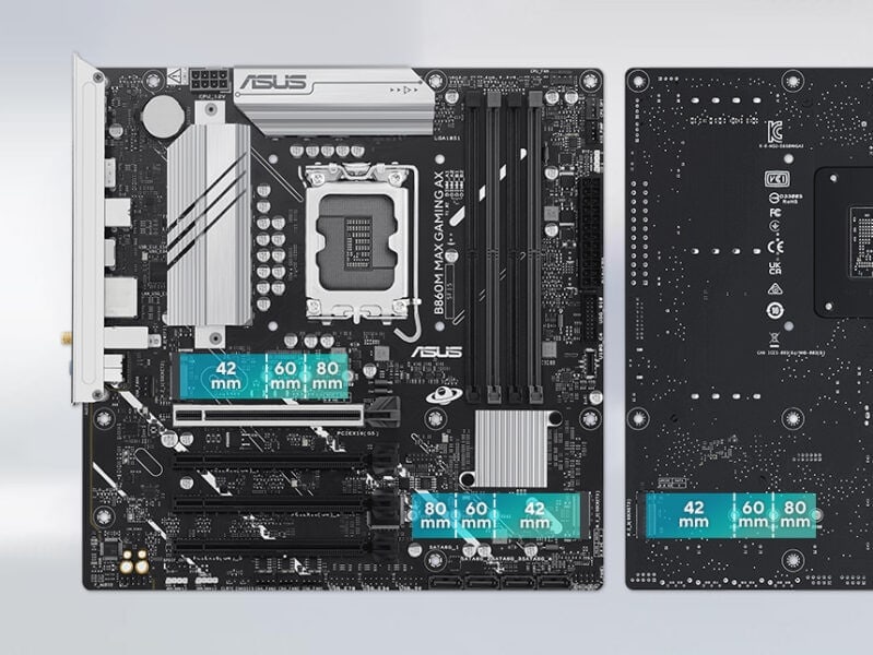 B860M MAX GAMING AX Yonga plakası ve anten ile ASUS B860M Max Gaming AX anakart seti, yüksekPerformanslı oyun ve yoğun işlem gücü için optimize edilmiştir.