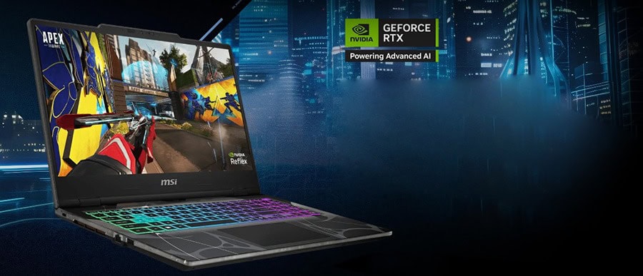 Oyuncu laptopu ve NVIDIA GeForce RTX ekran kartı logosu, yüksek performanslı oyun bilgisayarı ekran görüntüsü.