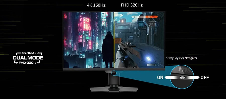 4K 160Hz ve FHD 320Hz ekran yenileme hızlarıyla yüksek performanslı oyun monitörü, 5-yollu joystick navigasyon, çift mod destekli, profesyonel oyun deneyimi sağlayan bilgisayar monitörü.