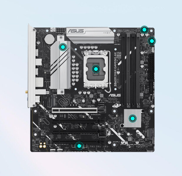 B860M MAX GAMING AX Yonga plakası ve anten ile ASUS B860M Max Gaming AX anakart seti, yüksekPerformanslı oyun ve yoğun işlem gücü için optimize edilmiştir.