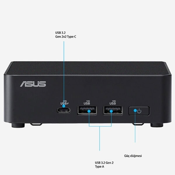 USB 3.2 Gen 2 Type C ve Type A bağlantılı ASUS mini bilgisayar, çoklu USB portları ve güç düğmesiyle yüksek performanslı oyun ve ofis kullanımı için ideal.