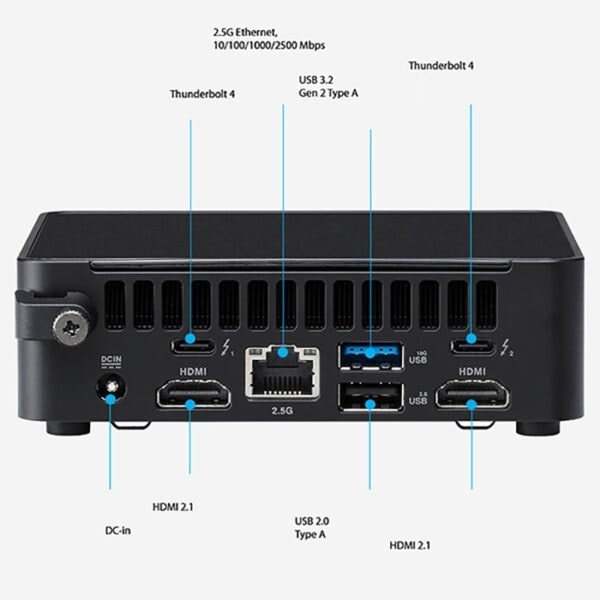 ASUS NUC 14 Pro Yüksek performanslı ASUS mini PC, USB-C ve USB 3.0 portlarıyla sağlam ve kompakt tasarım, oyun ve ofis kullanımı için ideal.