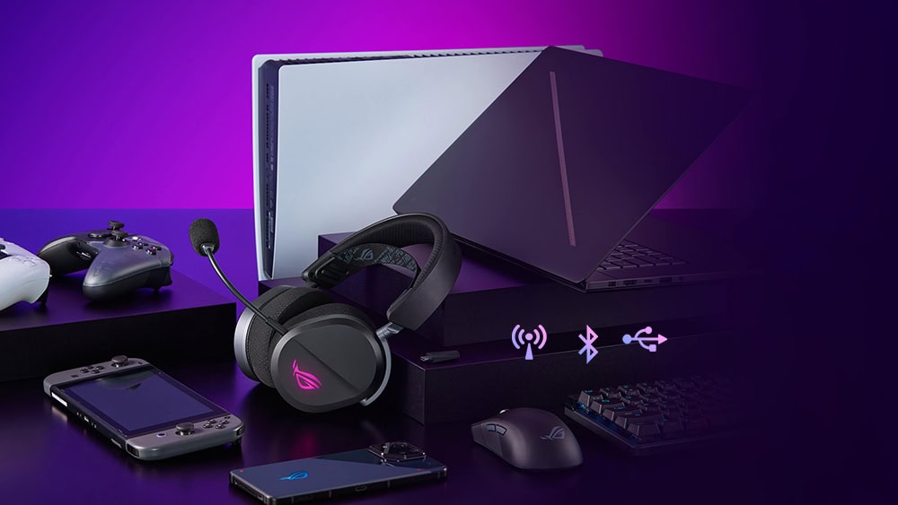 ROG Pelta White Edition Yüksek performanslı oyun bilgisayarı ve gaming ekipmanları, RGB klavye, fare, kulaklık ve oyun kontrolcüleri ile profesyonel oyun deneyimi.