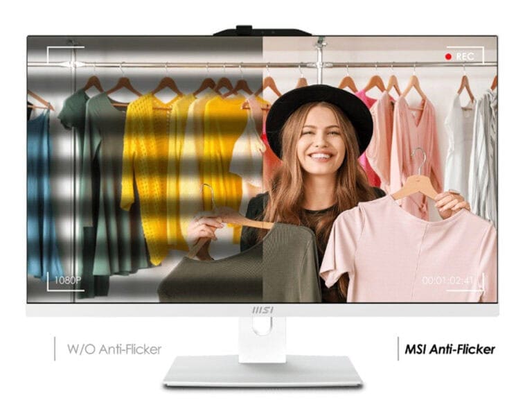 Giyim ve moda mağazasıyla ilgili genç kadın, renkli kıyafetler ve alışveriş yaparken, bilgisayar ekranı moda ve alışveriş odaklı, ürünleri ve kıyafetleri sergiliyor.