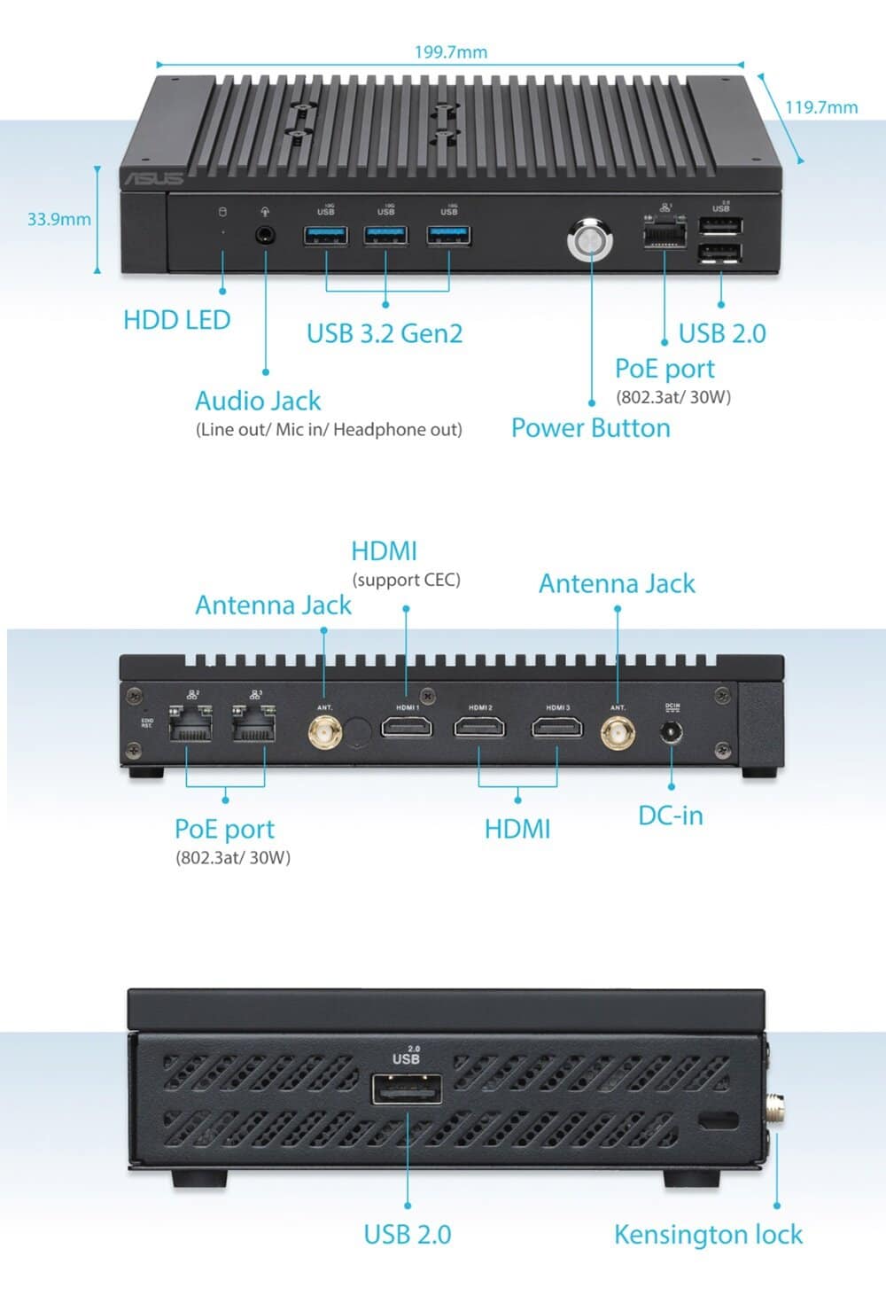 Yüksek çözünürlüklü mini bilgisayar kutusu ve bağlantı portları, HDMI, USB 3.2, PoE ve anten jakları ile profesyonel ve oyun odası kurulumları için idealdir.
