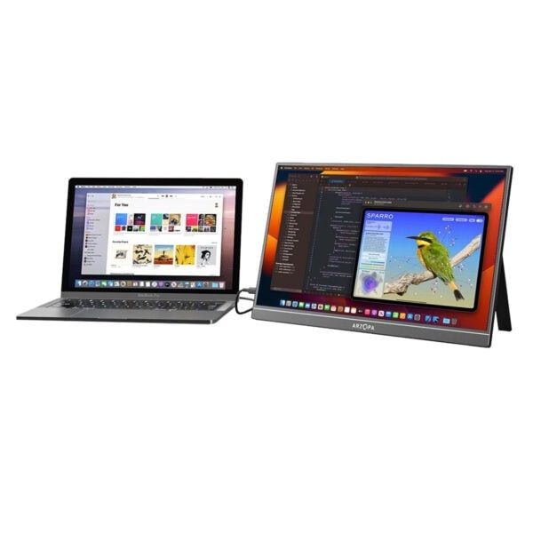 Yüksek çözünürlüklü MacBook Pro ve ARZOPA dokunmatik monitör, çoklu ekran kullanımı ile gelişmiş iş ve oyun deneyimi sağlar, çeşitli profesyonel ve eğlence amaçlı kullanım için ideal.