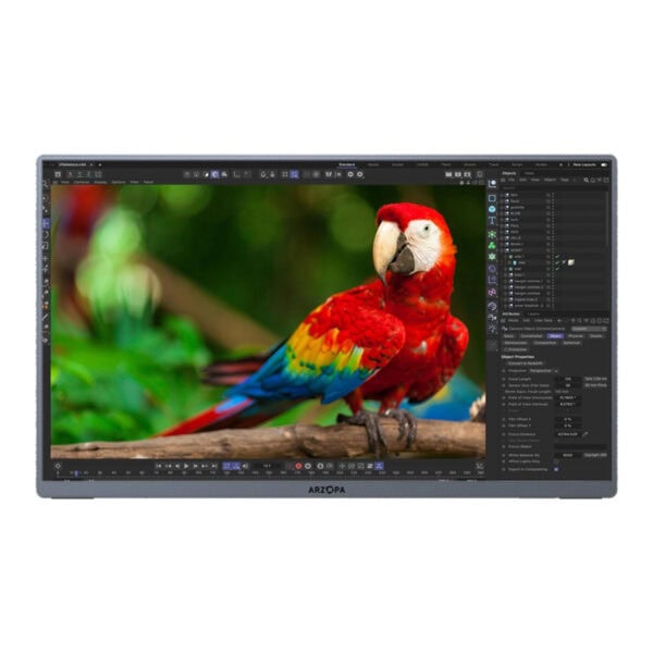 Parlak renkli papağan, 3D tasarım yazılımında detaylı olarak modellenmiş, canlı ve gerçekçi görünüme sahip. Tasarım ekranında papağanın parlak tüyleri ve canlı renkleri öne çıkıyor, doğal ortamına uygun detaylar eklenmiş.