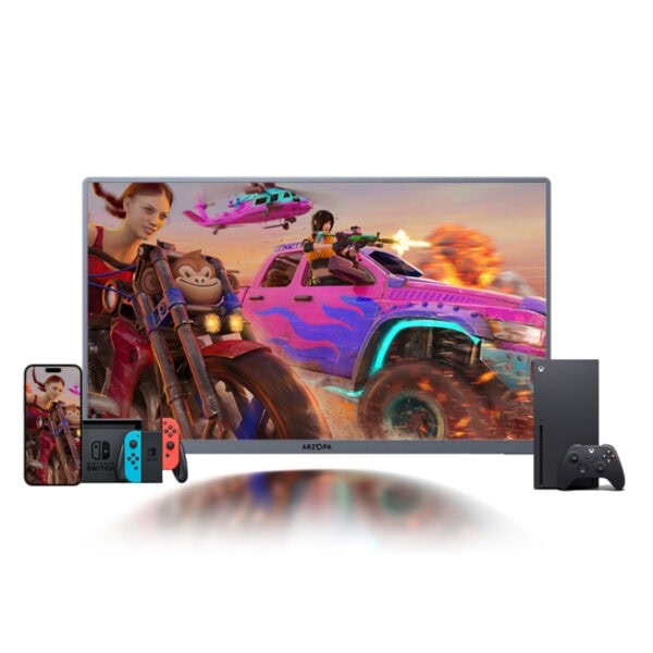 Yüksek çözünürlüklü oyun konsolu ve ekranı ile yarış ve macera oyunu görüntüsü, Nintendo Switch ve PlayStation kontrol cihazları ile birlikte.