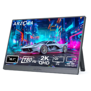 Yüksek çözünürlüklü oyun monitörü, 16.1 inç ekran, 180Hz tazeleme hızı, 2K QHD IPS ekran, USB Type-C portleri ve şık tasarımıyla profesyonel ve yarışma oyunları için ideal.
