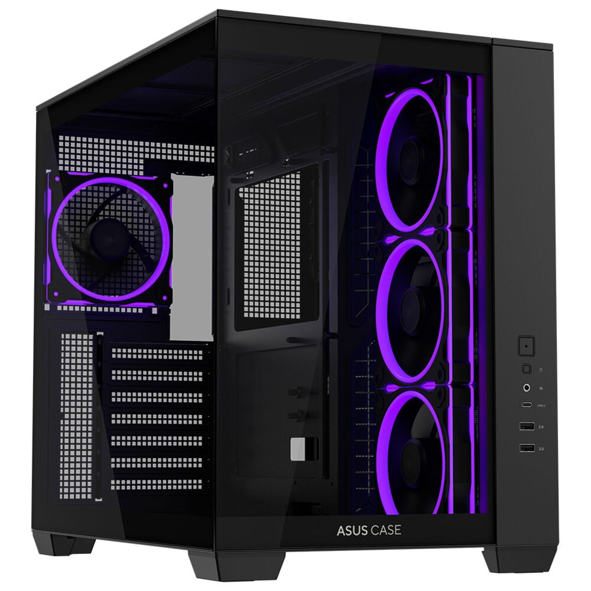 Yüksek performanslı oyun bilgisayarı kasası, iç kısmında RGB aydınlatmalı fanlar ve şeffaf panel ile modern tasarım, oyun ve bilgisayar donanımı tutkunları için ideal, ASUS marka kasa.