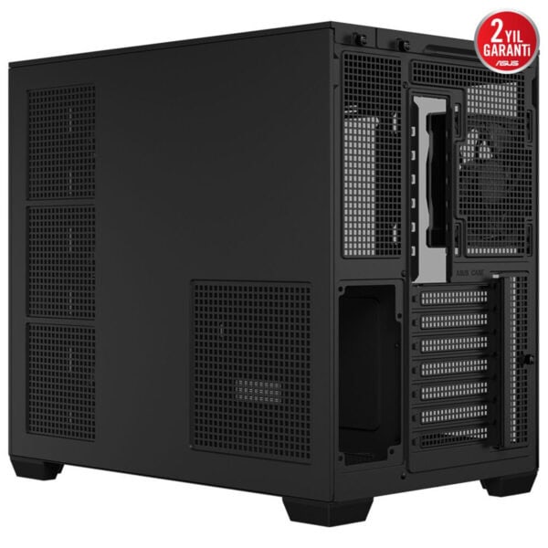 Yüksek performanslı ASUS oyuncu bilgisayarı kasası, iyi havalandırma için geniş fan ve hava girişleri, dayanıklı yapı ve modern tasarım, oyun ve yoğun işlem gerektiren uygulamalar için ideal.