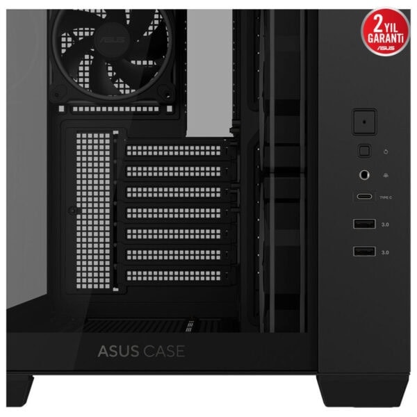 Yüksek performanslı bilgisayar kasası, çoklu genişleme yuvaları ve iyi havalandırma ile oyun ve ofis kullanımı için ideal, ASUS kalitesi ile güvenilirlik sunar.