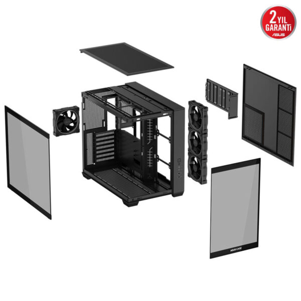 Yüksek performanslı bilgisayar kasası ve bileşenleri, sıfırdan montaj aşaması, oyun ve profesyonel kullanım için ideal, ASUS garantili, hava akışını optimize eden fonksiyonel tasarım.