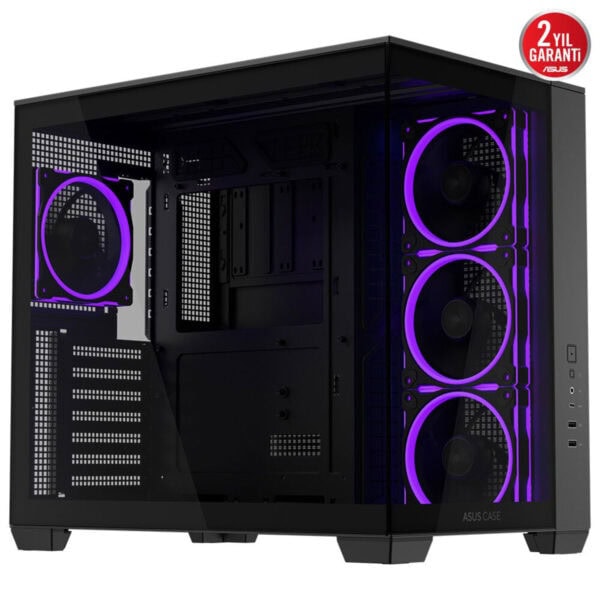 Yüksek performanslı gaming kasa, kırmızı ve mavi aydınlatmalı fanlar ile şık tasarım, ASUS ve Samsung uyumlu, 2 yıl garanti ile oyun ve streaming için ideal bilgisayar kasası.