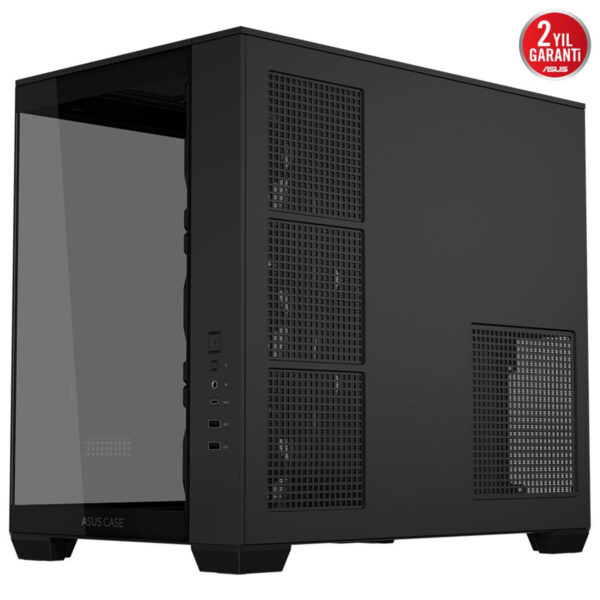 Yüksek performanslı oyun ve genel bilgisayar kasası, ASUS kalite ve 2 yıl garanti ile donatılmış, geniş soğutma alanı ve modern tasarımıyla dikkat çekiyor.