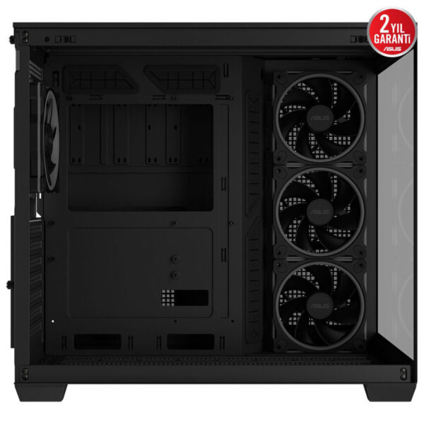 Gövde içi oyun bilgisayarı kasası, soğutucu fanlı ve geniş alanlı, yüksek performanslı oyun bilgisayarları için ideal, ASUS garantili, modern tasarım, çoklu fan ve hava akışı özellikleriyle optimize edilmiştir.