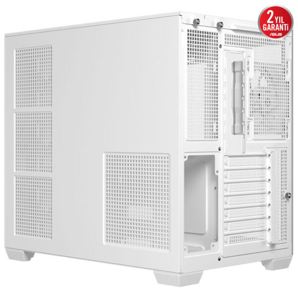 Yukarıdaki görselde beyaz renkli ASUS oyun bilgisayarı kasası, yüksek performanslı gaming sistemleri için tasarlanmış ve iyi havalandırma sağlayan ventilasyon deliklerine sahip. Grafik ve işlemci soğutmasını optimize etmek için gelişmiş soğutma özellikleri bulunuyor. Gaming ve bilgisayar parçası modifiye yaşam tarzını benimseyenler için ideal. Üst düzey kalite ve 2 yıl garanti ile dayanıklı ve güvenilir ürün sunuyor.