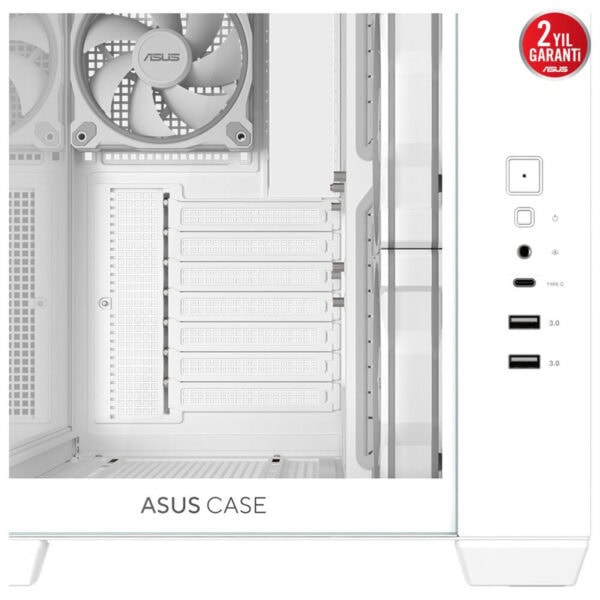 Yüksek kaliteli beyaz ASUS bilgisayar kasası iç tasarımı, geniş soğutma alanları ve çoklu sürücü yuvaları ile performans odaklı bilgisayar sistemleri için ideal.