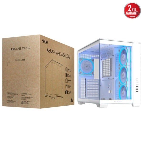 Sis dolaplı bilgisayar kasası ve kutusu, beyaz şeffaf panel ve mavi LED aydınlatmalı soğutucu fanlar, ASUS Case A32 Plus oyuncu bilgisayarı kasası, PC kasası ve donanım kasası, gaming ve bilgisayar oyuncuları için uygun.