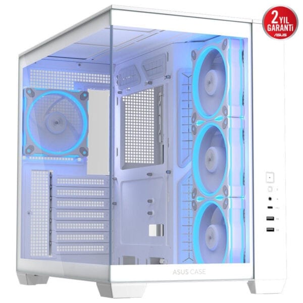 Yüksek performanslı oyun bilgisayarı kasası, beyaz şeffaf panel ve mavi LED aydınlatmalı soğutucu fanlar ile modern tasarım, geniş hava akışı ve gelişmiş soğutma özellikleriyle gaming tutkunlarına özel.