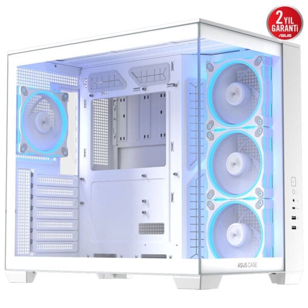 Güzel aydınlatılmış beyaz bilgisayar kasası, kasa içi LED aydınlatma ve üç büyük CPU fanı ile gaming ve yüksek performanslı bilgisayar toplama için ideal.
