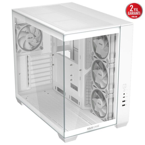 Gümüş renkli ASUS bilgisayar kasa, cam panel ve yüksek hava akışlı tasarım ile gaming ve high-performance kullanım için ideal. 2 yıl garanti.