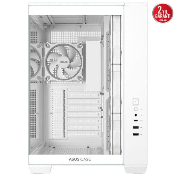 Yüksek kaliteli beyaz bilgisayar kasası, ASUS markası, mükemmel soğutma ve geniş iç hacim, oyun ve yüksek performanslı sistemler için ideal, dayanıklı ve şık tasarım, 2 yıl garanti ile.