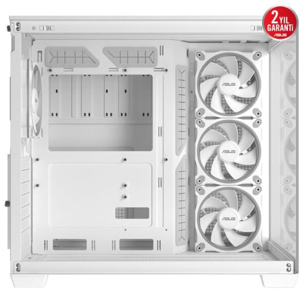 Gümüş renkli oyun bilgisayarı kasası iç tasarımı, Hava soğutmalı yüksek performanslı fanlar ve geniş iç alan, oyun ve bilgisayar bileşenleri montajı için ideal, ASUS garantili model.