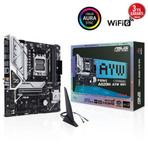 A620M-AWY WiFi anakart ve kutu fotoğrafı, AMD Ryzen uyumlu oyun bilgisayarı ve yüksek performanslı anakart, WiFi 6 teknolojisi ve geniş bağlantı seçenekleriyle dikkat çekiyor.