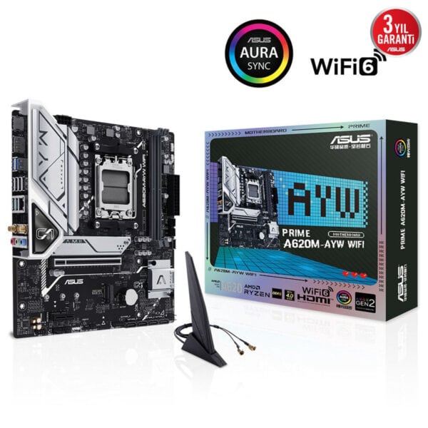 A620M-AWY WiFi anakart ve kutu fotoğrafı, AMD Ryzen uyumlu oyun bilgisayarı ve yüksek performanslı anakart, WiFi 6 teknolojisi ve geniş bağlantı seçenekleriyle dikkat çekiyor.