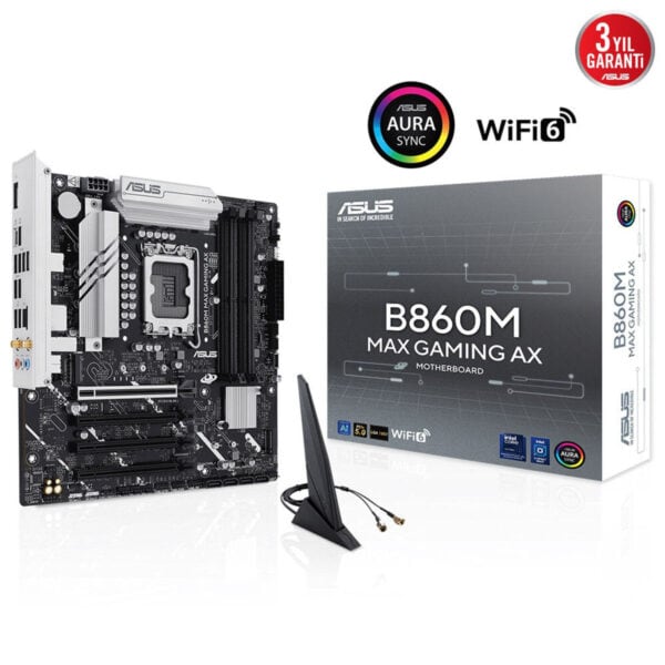 Yüksek performanslı ASUS B860M MAX GAMING AX anakart ve kablosuz anten, gaming ve yüksek multitasking ihtiyaçları için optimize edilmiştir, WiFi 6 ve Aura Sync destekli, 3 yıl garanti.