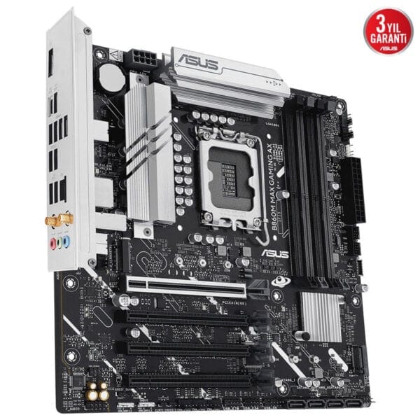 Intel anakart, oyun ve yüksek performans için ASUS B360M MAX Gaming AX, DDR4 RAM slotları, PCIe yuvaları ve çeşitli giriş çıkış portlarıyla detaylı teknoloji görüntüsü.